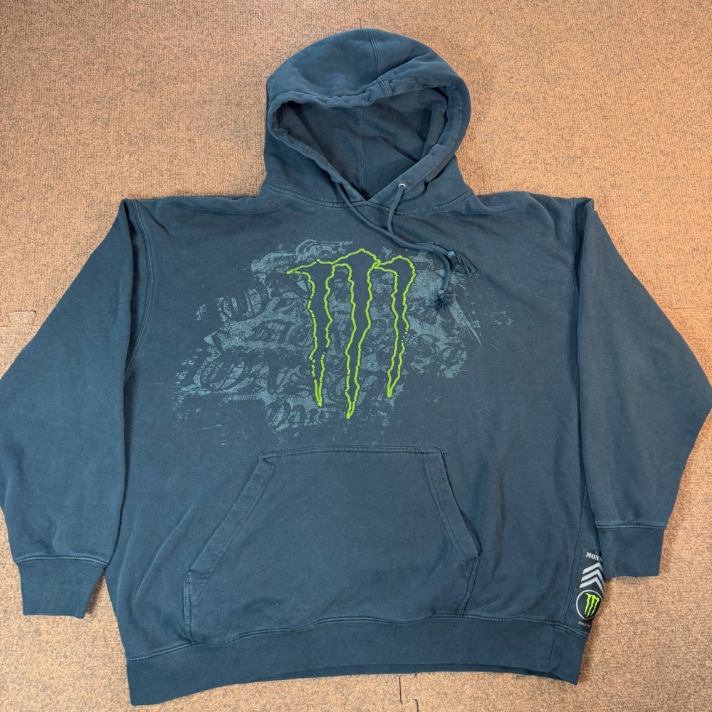 Monster Energy Hoodie Mens XL Black Embroidered Claw Logo Pullover Sweatshirt